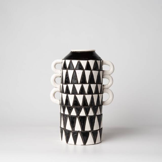 Hand Carved Stoneware Vase Black & White Zulu Triangles - Made To Order - image 1