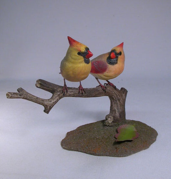 Mini Pair Of Cardinal 2 Female Birds Hand Carved Wooden Bird - image 1