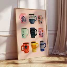 Colorful Coffee Mugs Poster Print, Cute Kitchen Wall Art, Whimsical Mug Illustration, Modern Cafe Decor, Playful Tea Lover Artwork - thumbnail 3
