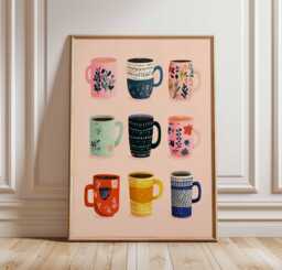 Colorful Coffee Mugs Poster Print, Cute Kitchen Wall Art, Whimsical Mug Illustration, Modern Cafe Decor, Playful Tea Lover Artwork - thumbnail 1