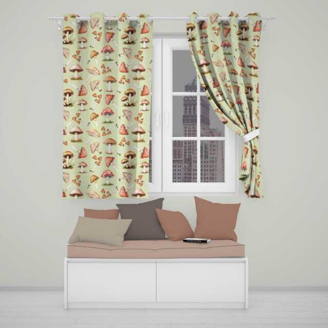 Watercolor Forest Mushrooms Toadstools Seamless Pattern Warm Beige Background Readymade Eyelet Ring Top Thermal 100% Blackout Curtains - image 1