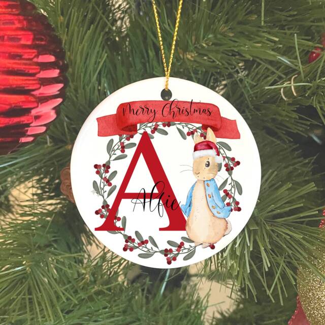 Personalised Christmas Ornament, Keepsake, Hanging Decoration, Name Initial Ornament. Bunny Rabbit Ornament - image 1