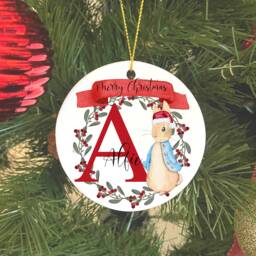 Personalised Christmas Ornament, Keepsake, Hanging Decoration, Name Initial Ornament. Bunny Rabbit Ornament - thumbnail 1