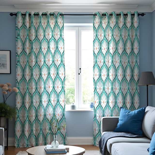 Teal Geometric Floral Curtains, Retro Daisy Pattern Drapes, Made To Measure Window Panels, Custom Size Eyelet Or Rod Pocket Curtains - image 1