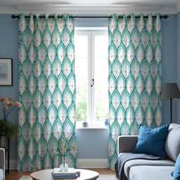 Teal Geometric Floral Curtains, Retro Daisy Pattern Drapes, Made To Measure Window Panels, Custom Size Eyelet Or Rod Pocket Curtains