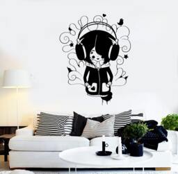 Vinyl Wall Decal With Teen Girl & Headphones Design, Perfect For Music Lovers Trendy Rooms 2342Di - thumbnail 1