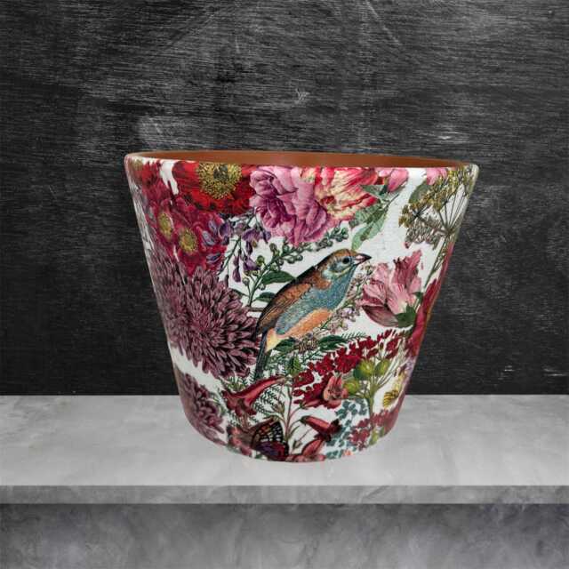 Bird Of Paradise Tropical Flower Plant Pot , Terraotta Hand Decorated With Floral Design & Birds