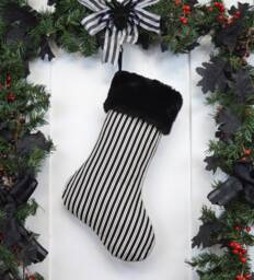 Handmade Black & White Stripe Christmas Stocking, Faux Fur Cuff