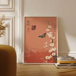 Japanese Butterfly & Cherry Blossom Art Print - Vintage Sakura Wall Decor - thumbnail 2