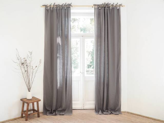 Tie Top Curtain. True Gray Tie - 280 G/M2 Curtain Panel Made Of Stonewashed Linen/1 Pcs. Heavy G/M2 - image 1