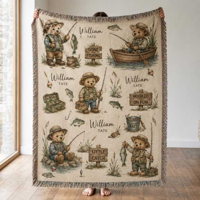 Personalized Fishing Bear Woven Blanket, Custom Name Baby Little Fisherman Nursery Decor, Gift, Woodland - image 1