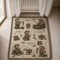 Personalized Fishing Bear Woven Blanket, Custom Name Baby Little Fisherman Nursery Decor, Gift, Woodland - thumbnail 2