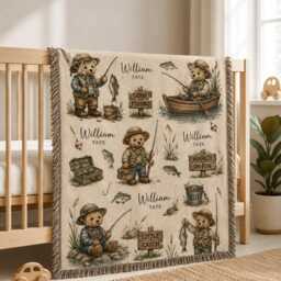 Personalized Fishing Bear Woven Blanket, Custom Name Baby Little Fisherman Nursery Decor, Gift, Woodland - thumbnail 3