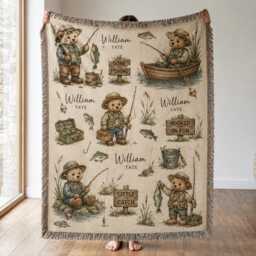 Personalized Fishing Bear Woven Blanket, Custom Name Baby Little Fisherman Nursery Decor, Gift, Woodland - thumbnail 1