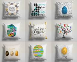 Happy Easter Cushion Cover-Spring Concept Pillow Case-Bunny Cover-Painted Eggs Case-Gift For Her Cushion-Handmade Material