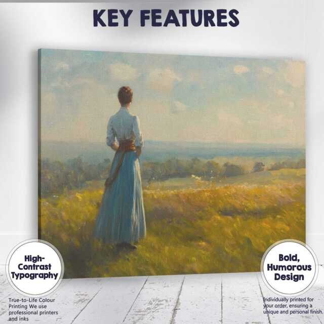 Woman in Blue Dress Overlooking Rural Meadow Canvas Wall Art Print Decor Picture Ready To Hang - image 1
