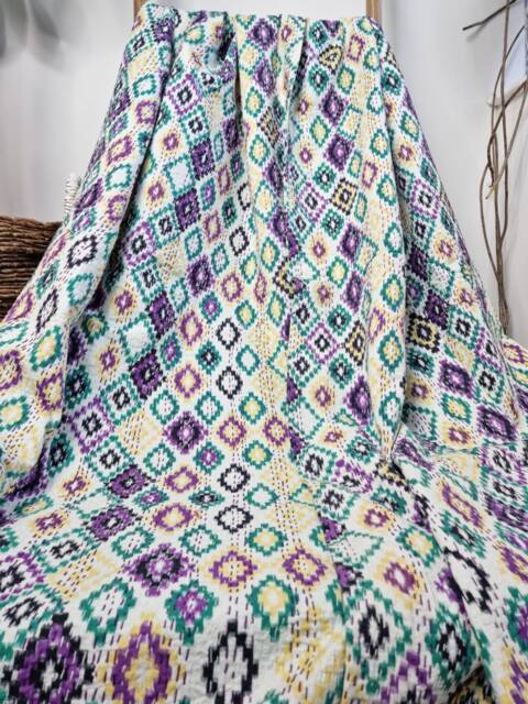 Kantha Stitch Pure Cotton Reversible Bed/Sofa Throw King Size Tropical White Purple Yellow Green Ikat Print Diamonds Dohar Indian Blankets - image 1