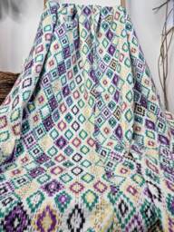 Kantha Stitch Pure Cotton Reversible Bed/Sofa Throw King Size Tropical White Purple Yellow Green Ikat Print Diamonds Dohar Indian Blankets - thumbnail 1