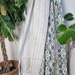 Kantha Stitch Pure Cotton Reversible Bed/Sofa Throw King Size Tropical White Purple Yellow Green Ikat Print Diamonds Dohar Indian Blankets - thumbnail 4