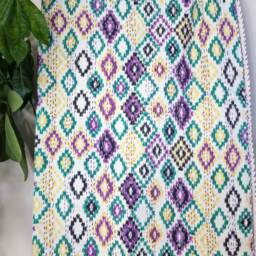 Kantha Stitch Pure Cotton Reversible Bed/Sofa Throw King Size Tropical White Purple Yellow Green Ikat Print Diamonds Dohar Indian Blankets - thumbnail 2