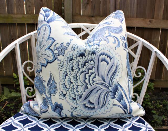 Blue Floral Cushion, Bohemian Blossom Hamptons Decor, Cotton, Australian Made, Farmhouse & Trendy Cushions, Warwick Thornbury Sky Cushion - image 1
