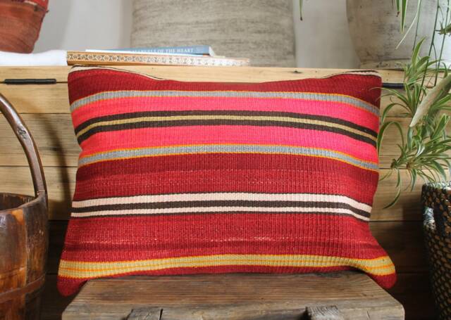 Handwoven Vintage Kilim Pillow Cover - Striped Red Accent Lines - image 1