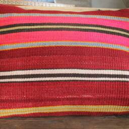 Handwoven Vintage Kilim Pillow Cover - Striped Red Accent Lines - thumbnail 2