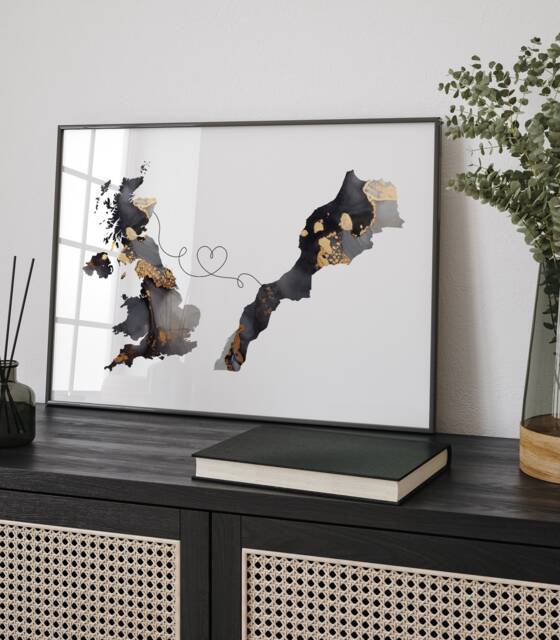Britain & Morocco Map Black & Gold Travel Wall Art Print - United Kingdom UK - image 1