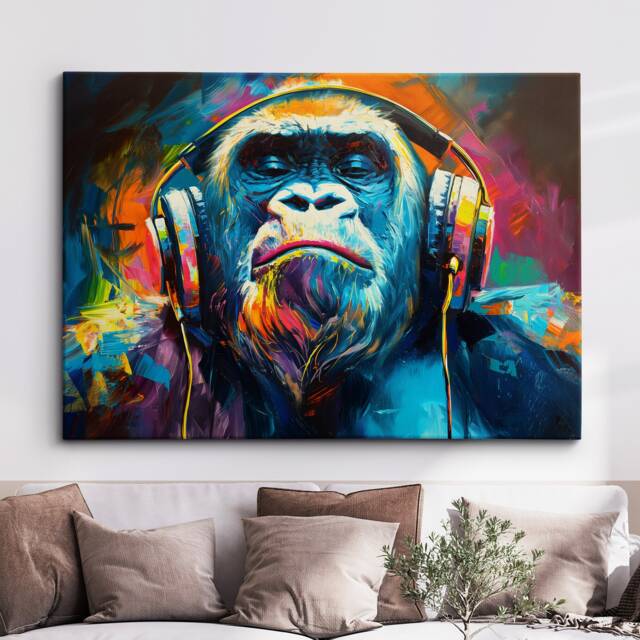 Gorilla Dj Headphones Abstract Modern Painting Wall Art, Framed Canvas Poster Print, Home Kitchen Office Room Decor, Gifts - image 1