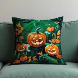Jack-O'-Lantern Cushion Cover, Smiling Pumpkin Print Pillow Cover in Green & Orange, Fun Halloween Decor For Couch, Sofa Or Entryway Bench - thumbnail 2
