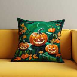 Jack-O'-Lantern Cushion Cover, Smiling Pumpkin Print Pillow Cover in Green & Orange, Fun Halloween Decor For Couch, Sofa Or Entryway Bench - thumbnail 3