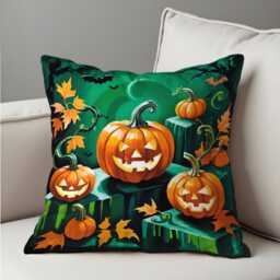 Jack-O'-Lantern Cushion Cover, Smiling Pumpkin Print Pillow Cover in Green & Orange, Fun Halloween Decor For Couch, Sofa Or Entryway Bench - thumbnail 4