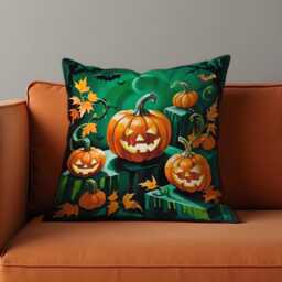 Jack-O'-Lantern Cushion Cover, Smiling Pumpkin Print Pillow Cover in Green & Orange, Fun Halloween Decor For Couch, Sofa Or Entryway Bench