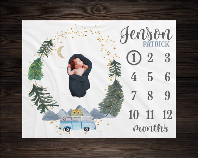 Mountains Camping Milestone Blanket, Monthly Growth Tracker, Personalized Baby Custom Shower Gift, Boy - image 1