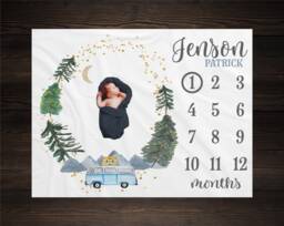 Mountains Camping Milestone Blanket, Monthly Growth Tracker, Personalized Baby Custom Shower Gift, Boy - thumbnail 1