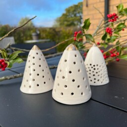 Handmade Ceramic Christmas Tree Luminary/Candle Holder, Wheel Thrown, Glossy White, Gold Lustre Accents, Supplied With Led Tealight - thumbnail 3