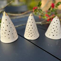 Handmade Ceramic Christmas Tree Luminary/Candle Holder, Wheel Thrown, Glossy White, Gold Lustre Accents, Supplied With Led Tealight - thumbnail 4