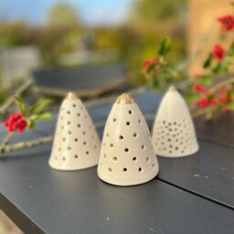 Handmade Ceramic Christmas Tree Luminary/Candle Holder, Wheel Thrown, Glossy White, Gold Lustre Accents, Supplied With Led Tealight - thumbnail 2