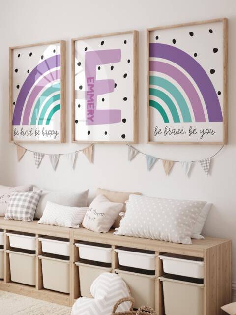Set Of 3, Girls Bedroom Decor, Personalised, Playroom Prints, Purple, Rainbow Wall Art, Nursery - image 1