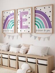 Set Of 3, Girls Bedroom Decor, Personalised, Playroom Prints, Purple, Rainbow Wall Art, Nursery - thumbnail 1