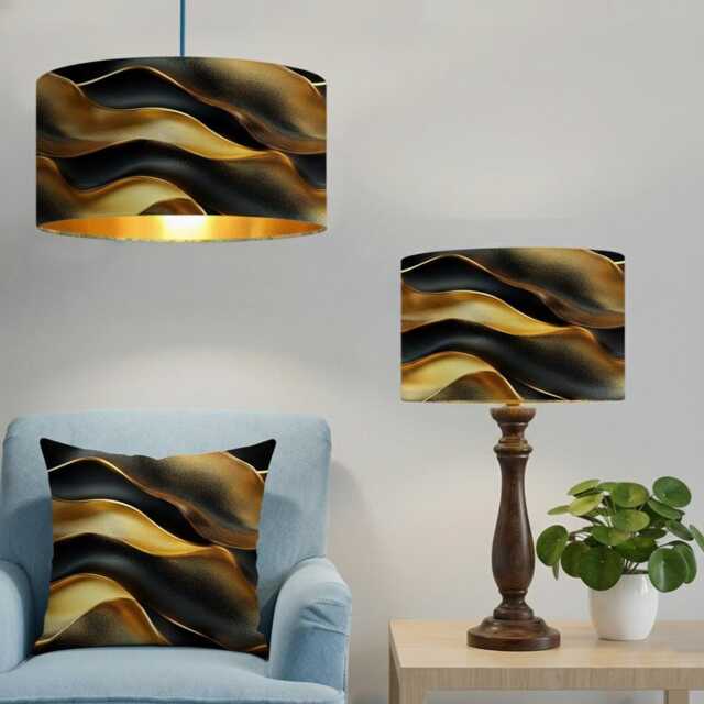 Handmade By Order Black & Gold Wave Lava Effect Abstract Art Drum Lamp Shade Pendant Light All Shapes Sizes Available - image 1