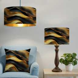 Handmade By Order Black & Gold Wave Lava Effect Abstract Art Drum Lamp Shade Pendant Light All Shapes Sizes Available - thumbnail 1