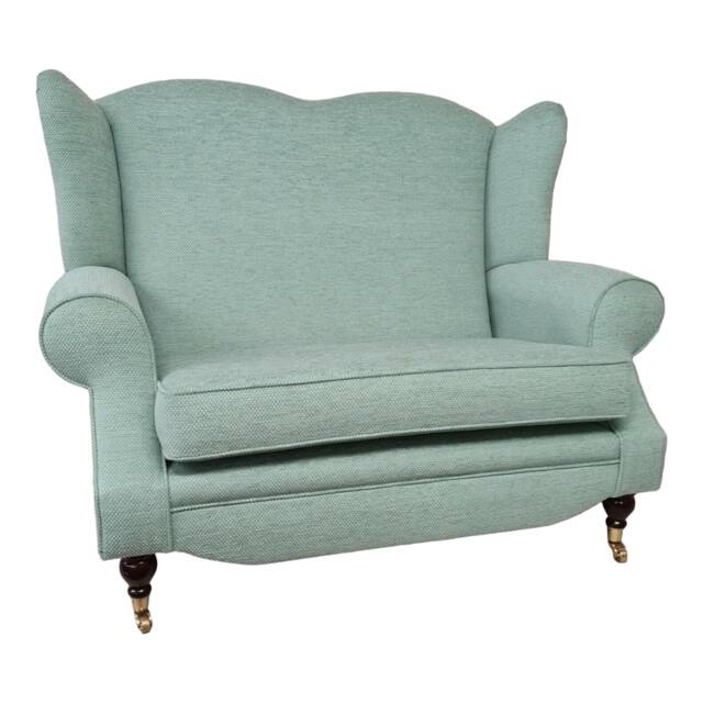 Wing Back Queen Anne Cottage 2 Seat Sofa -Jade Green Basketweave Fabric - image 1