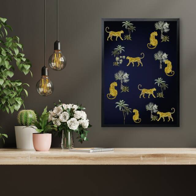 Luxurious Leopard Wall Print On Dark Blue Background - Deep Navy Maximalist Art Tropical Home Decor - image 1