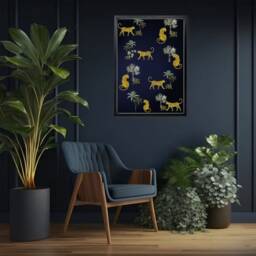 Luxurious Leopard Wall Print On Dark Blue Background - Deep Navy Maximalist Art Tropical Home Decor - thumbnail 2