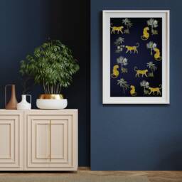 Luxurious Leopard Wall Print On Dark Blue Background - Deep Navy Maximalist Art Tropical Home Decor - thumbnail 3