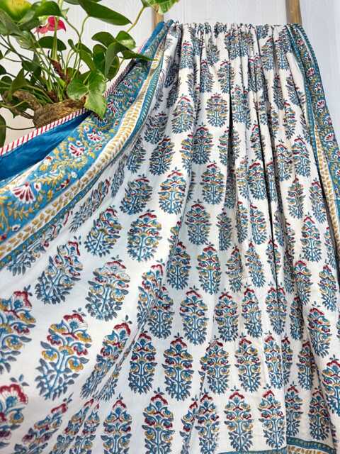 Pure Soft Cotton Indian Floral Dohar Reversible Bed/Sofa Throw Summer Quilted King Size Handprint White Blue Red - image 1