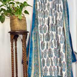 Pure Soft Cotton Indian Floral Dohar Reversible Bed/Sofa Throw Summer Quilted King Size Handprint White Blue Red - thumbnail 2