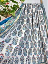 Pure Soft Cotton Indian Floral Dohar Reversible Bed/Sofa Throw Summer Quilted King Size Handprint White Blue Red - thumbnail 1