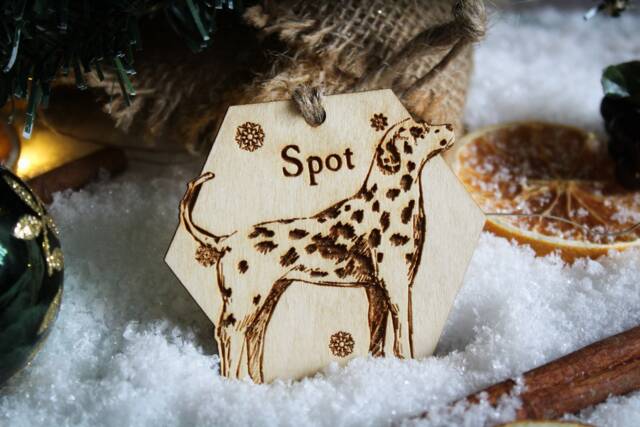Dalmatian Personalised Wooden Bauble Ornament Dog Name Breed Gift Quirky Rustic Laser Wood Burned Ornate Lover Pet Decoration - image 1